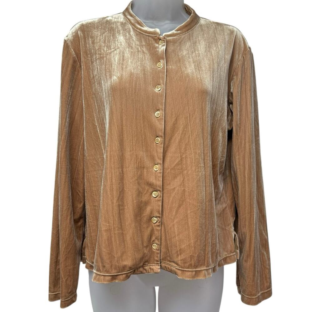 J Jill Neutral Beige Velvet Top Size Medium Button Up Long Sleeve Shirt Stretch